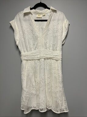 Anthropologie Ivory Lace Collared V-Neck Mini Dress